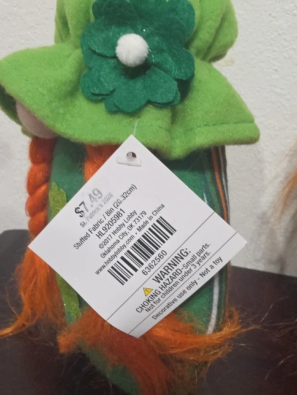 Hobby Lobby Green Felt Gnome with Orange Braided Hair